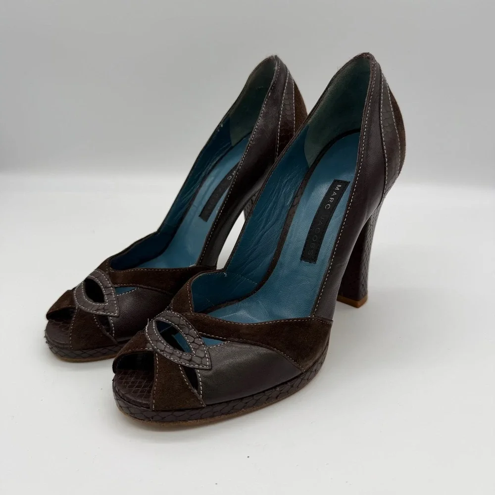Marc Jacobs Brown Leather Suede Peep Toe Platform Pumps Heels 5.5M Italy